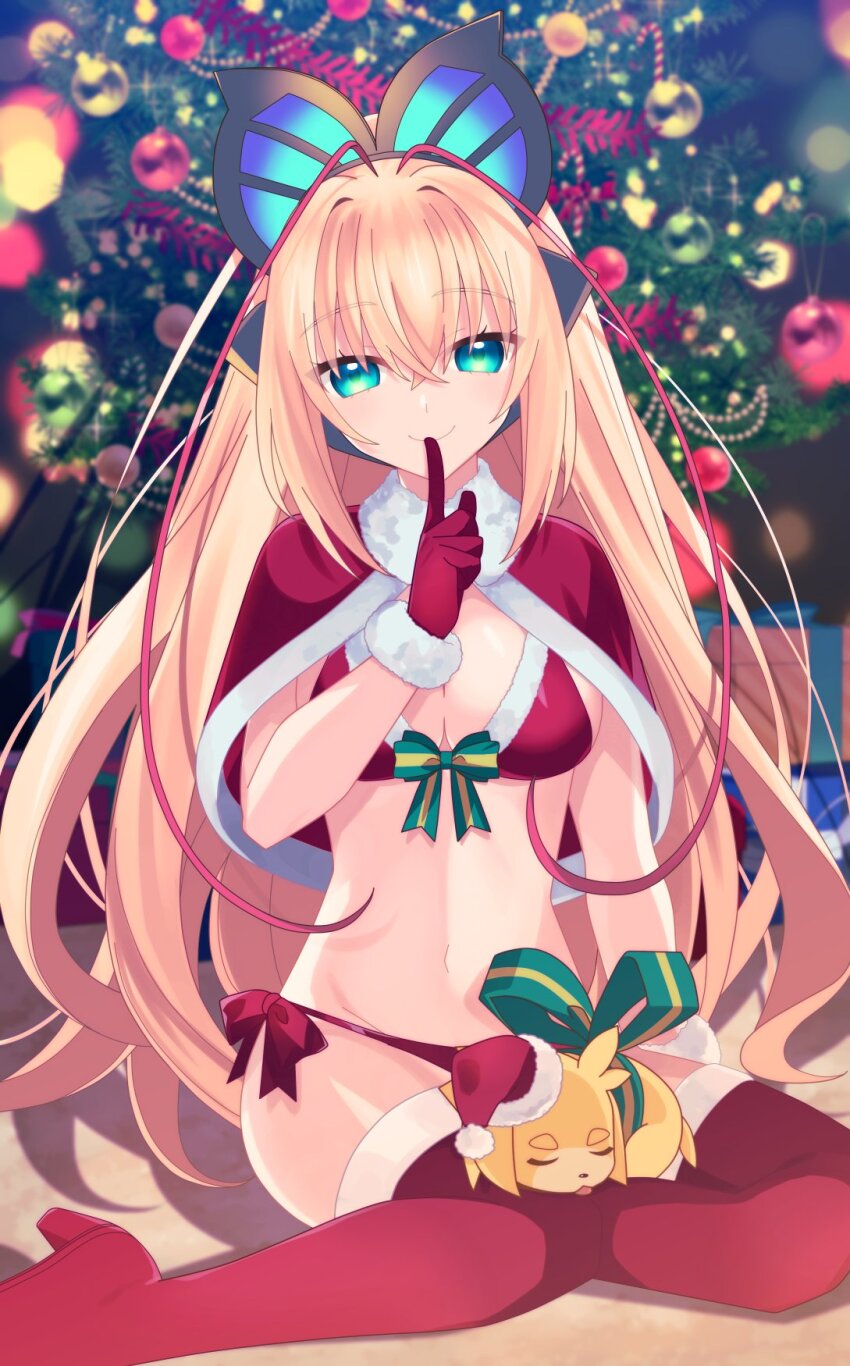 1girl, antenna_hair, azure_striker_gunvolt, azure_striker_gunvolt_3, baby_animal, bikini, blonde_hair, breasts