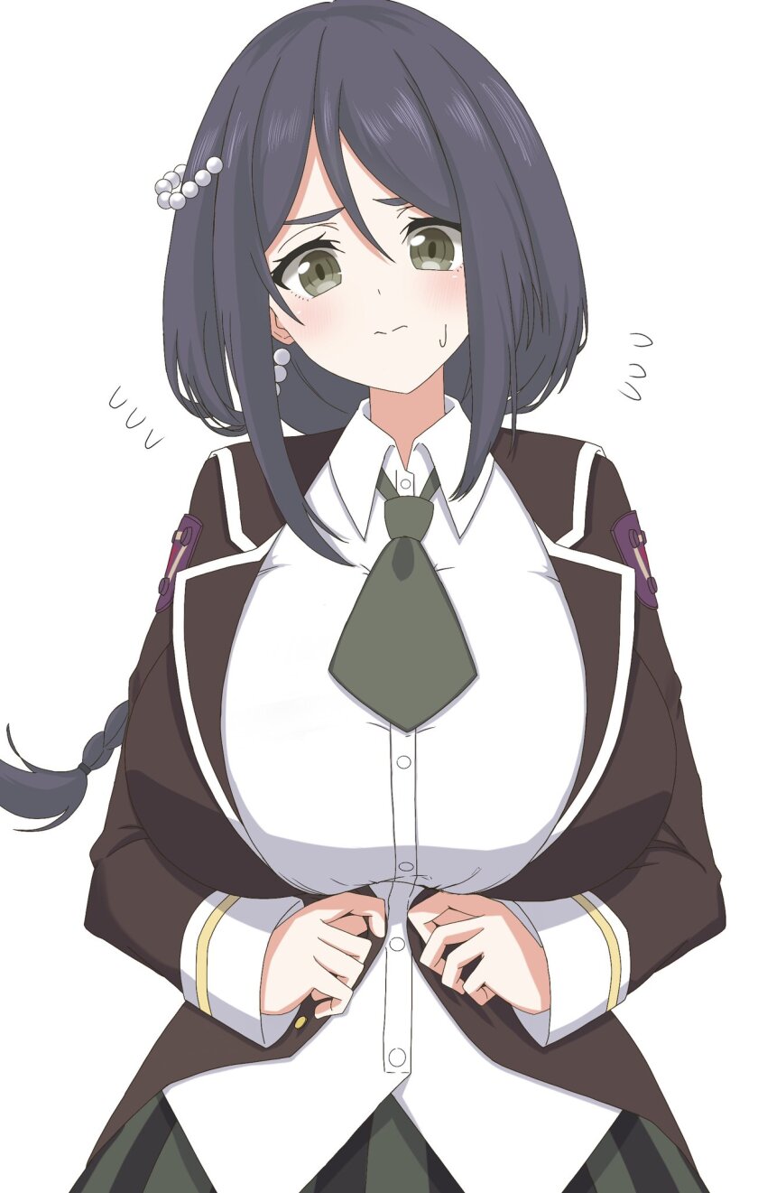 1girl, assault_lily, black_hair, blush, braid, braided_ponytail, breasts, brown_jacket, buttoning, buttons, closed_mouth, collared_shirt, commentary_request, cowboy_shot, dressing, emblem, flying_sweatdrops, green_eyes, green_necktie, green_skirt, hair_between_eyes, hair_ornament, hands_up, highres, huge_breasts, inconvenient_breasts, jacket, long_hair, long_sleeves, looking_at_viewer, low_ponytail, nakabayashi_kaina, necktie, open_clothes, open_jacket, pearl_hair_ornament, ponytail, school_uniform, shirt, short_necktie, sidelocks, simple_background, single_braid, skirt, solo, standing, striped_clothes, striped_skirt, sweatdrop, ueda_(ueeeeeeeee1006), vertical-striped_clothes, vertical-striped_skirt, wavy_mouth, white_background, white_shirt