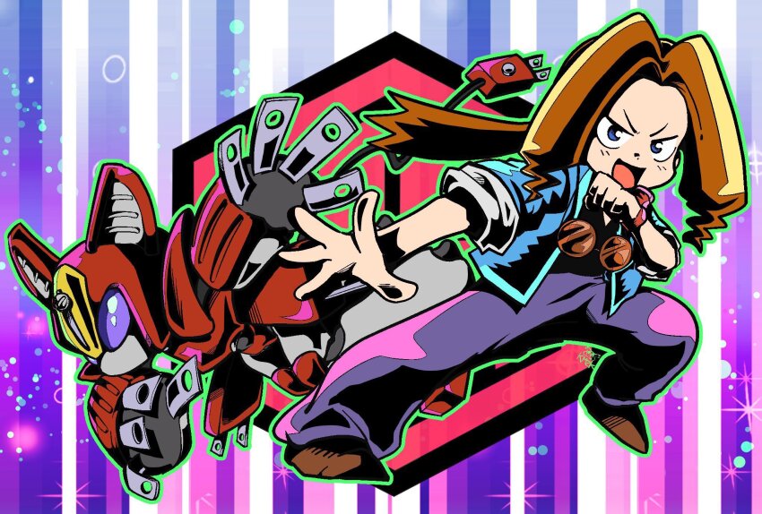 1girl, brown_hair, highres, kikuhime, kimoppo_(kmzk), medarot, peppercat, ponytail