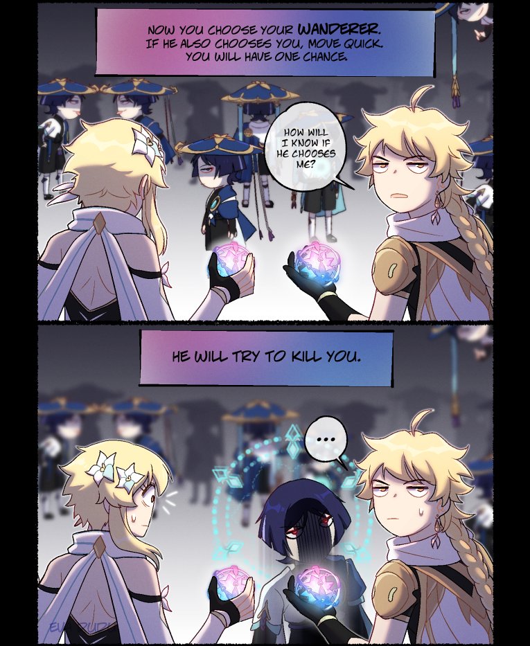 ..., 1girl, 2koma, 6+boys, aether_(genshin_impact), ahoge, artist_name, avatar_(2009_movie)