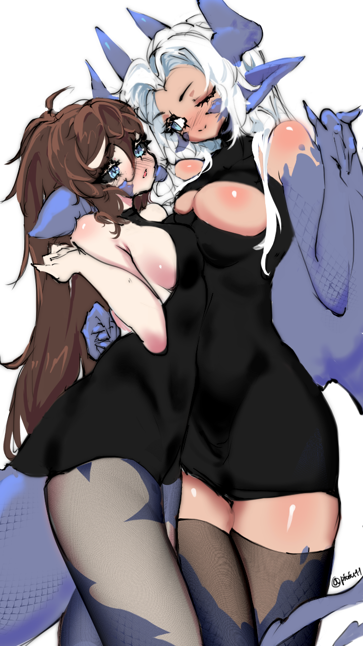 2girls, animal_ears, bare_arms, bare_shoulders, black_dress, black_thighhighs, blue_eyes, breasts