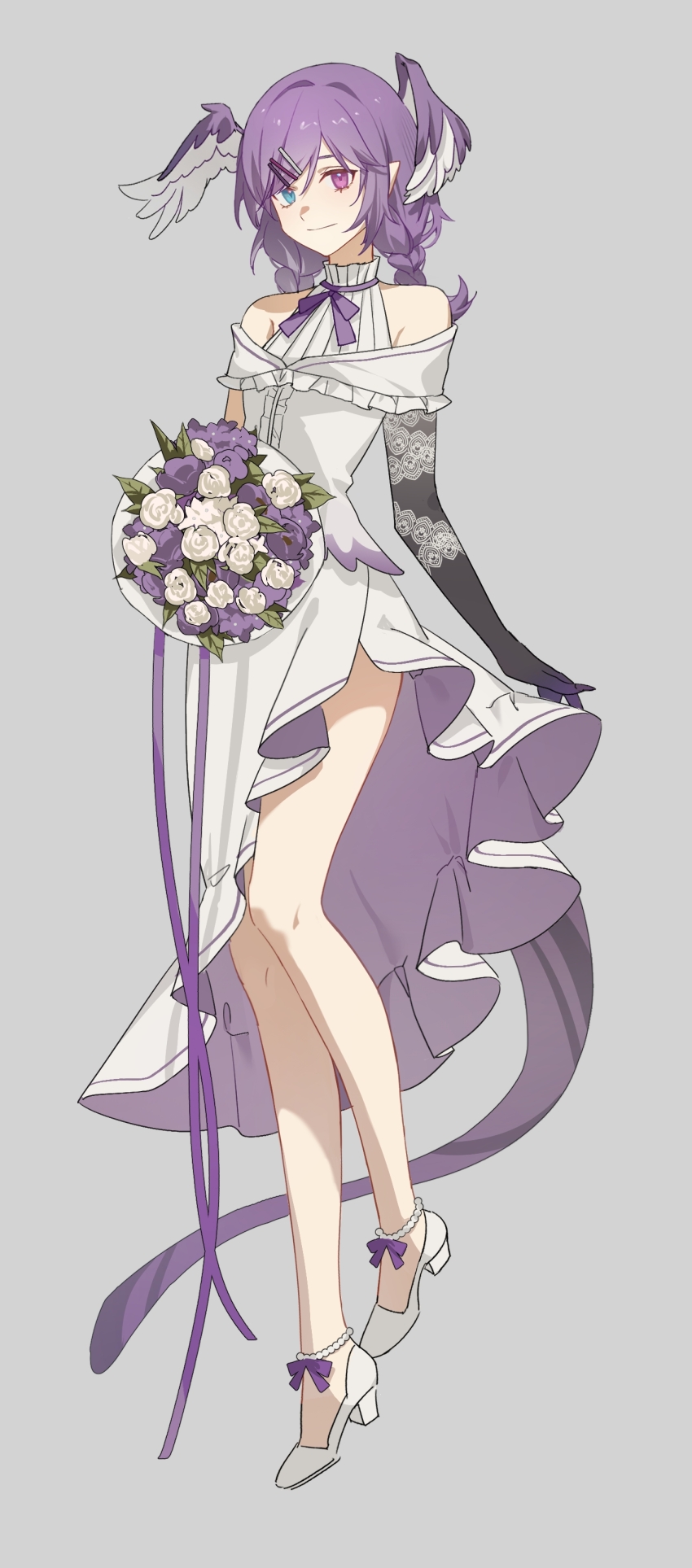 1girl, absurdres, anklet, bare_shoulders, bead_anklet, beads, blue_eyes, bouquet