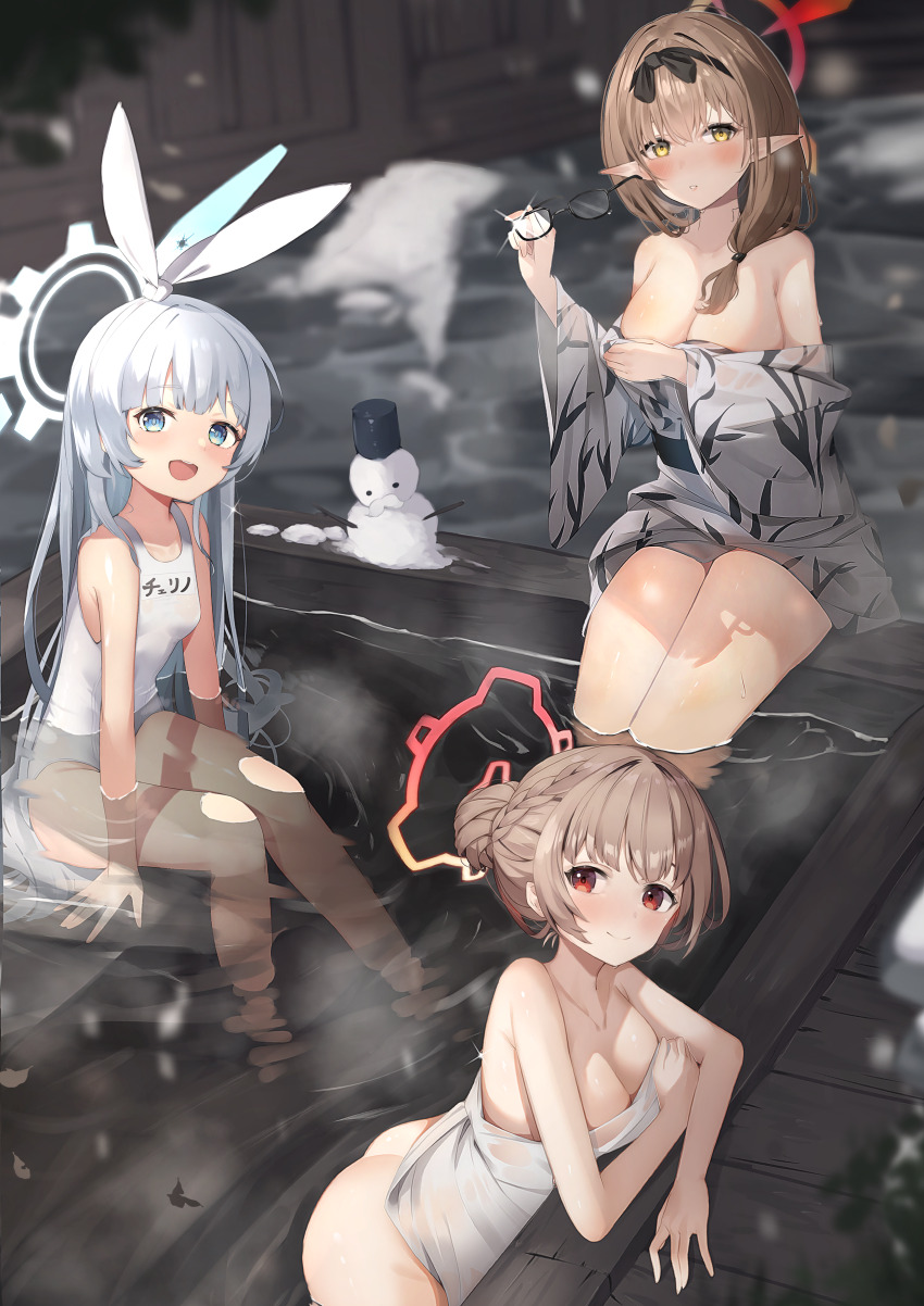 3girls, absurdres, ass, bare_shoulders, blue_archive, blurry, blurry_background, blush