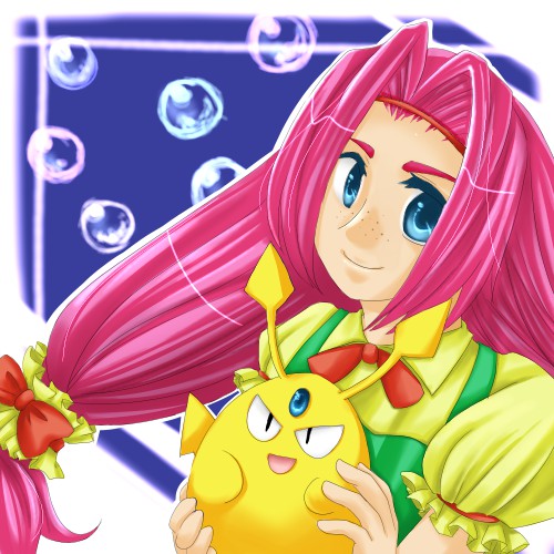 1girl, blue_eyes, bubble, kumi-kumi, lowres, pink_hair, puchi_carat, rquo_howlite