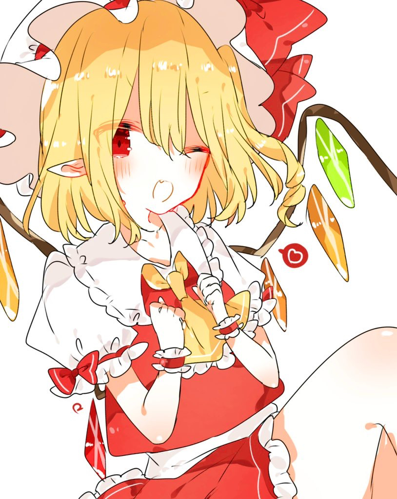 1girl, ascot, blonde_hair, collared_shirt, fang, flandre_scarlet, frilled_ascot, frilled_shirt_collar, frilled_skirt, frilled_sleeves, frills, hair_between_eyes, hat, hat_ribbon, heart, looking_at_viewer, medium_hair, miniskirt, mob_cap, multicolored_wings, nishiki1225, one_eye_closed, open_mouth, pointy_ears, puffy_short_sleeves, puffy_sleeves, red_eyes, red_ribbon, red_skirt, red_vest, ribbon, shirt, short_sleeves, simple_background, skin_fang, skirt, skirt_set, solo, spoken_heart, thighs, touhou, vest, white_background, white_hat, white_shirt, wings, wrist_cuffs, yellow_ascot