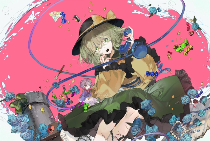 2girls, black_headwear, blue_flower, blue_rose, blue_shirt, bright_pupils, chinese_commentary, collared_shirt