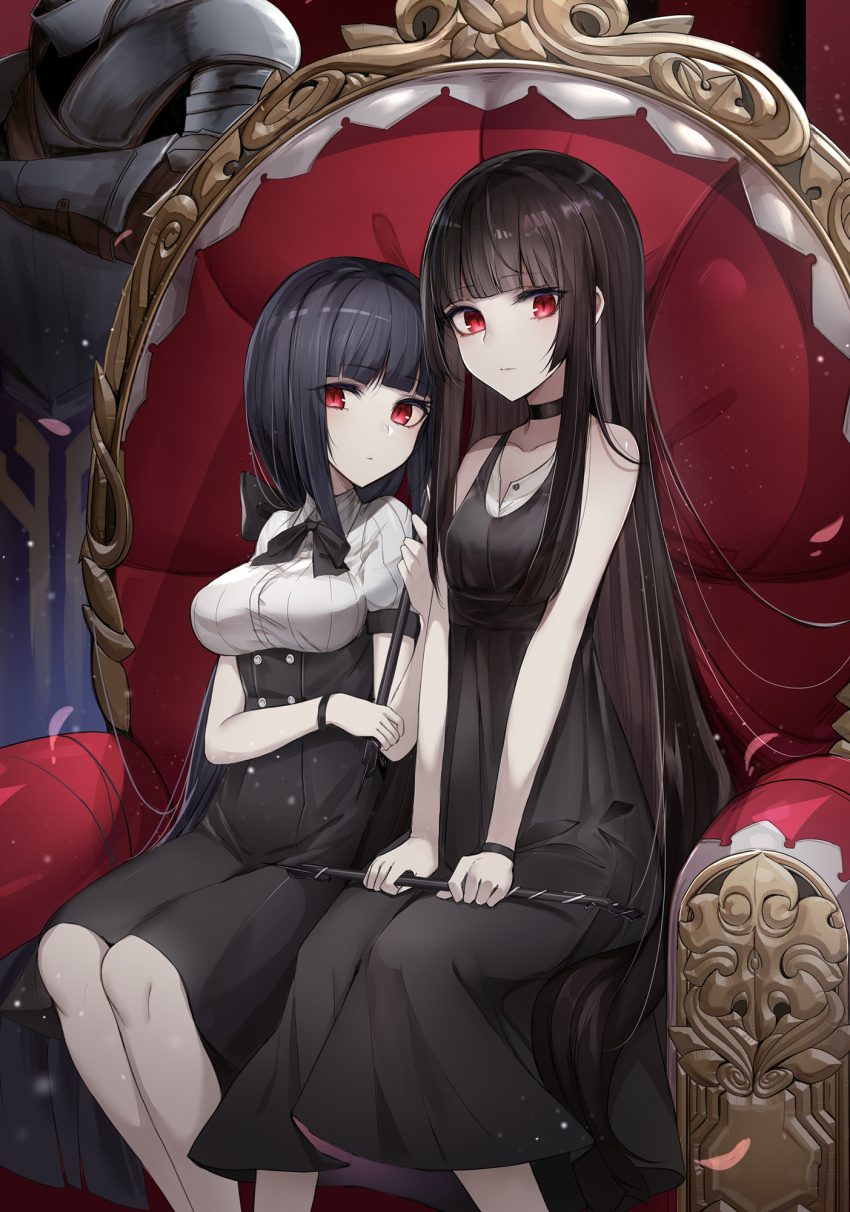 2girls, black_bow, black_choker, black_dress, black_hair, blunt_bangs, bow, brown_hair, choker, collarbone, collared_shirt, dress, dress_shirt, hair_bow, hertrauda_sera_fanoss, hertrude_sera_fanoss, highres, holding, long_dress, long_hair, looking_at_viewer, luse_maonang, multiple_girls, non-web_source, novel_illustration, official_art, otome_game_sekai_wa_mob_ni_kibishii_sekai_desu, red_eyes, shirt, short_sleeves, sitting, sleeveless, sleeveless_dress, very_long_hair, white_shirt, wing_collar