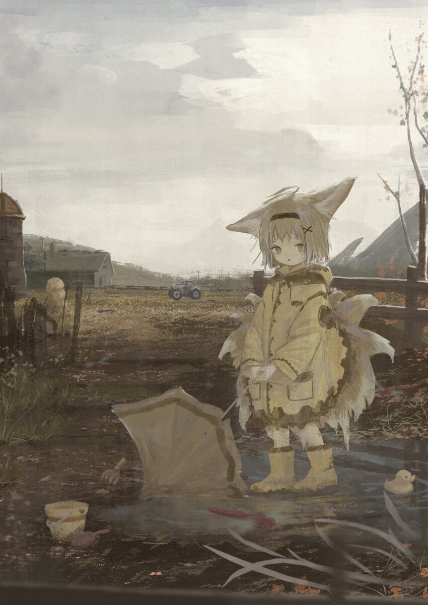 1girl, absurdres, animal_ears, arknights, barn, black_hairband, blonde_hair, boots