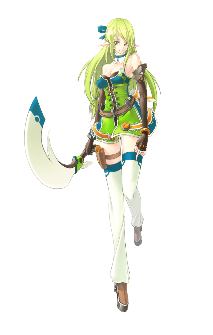 1girl, bad_id, bad_pixiv_id, blonde_hair, bow, bow_(weapon), breasts, cleavage, elbow_gloves, elf, elsword, female_focus, fingerless_gloves, gloves, hair_bow, long_hair, pointy_ears, rena_erindel, rotix, sniping_ranger_(elsword), solo, thighhighs, weapon, white_background, yellow_eyes