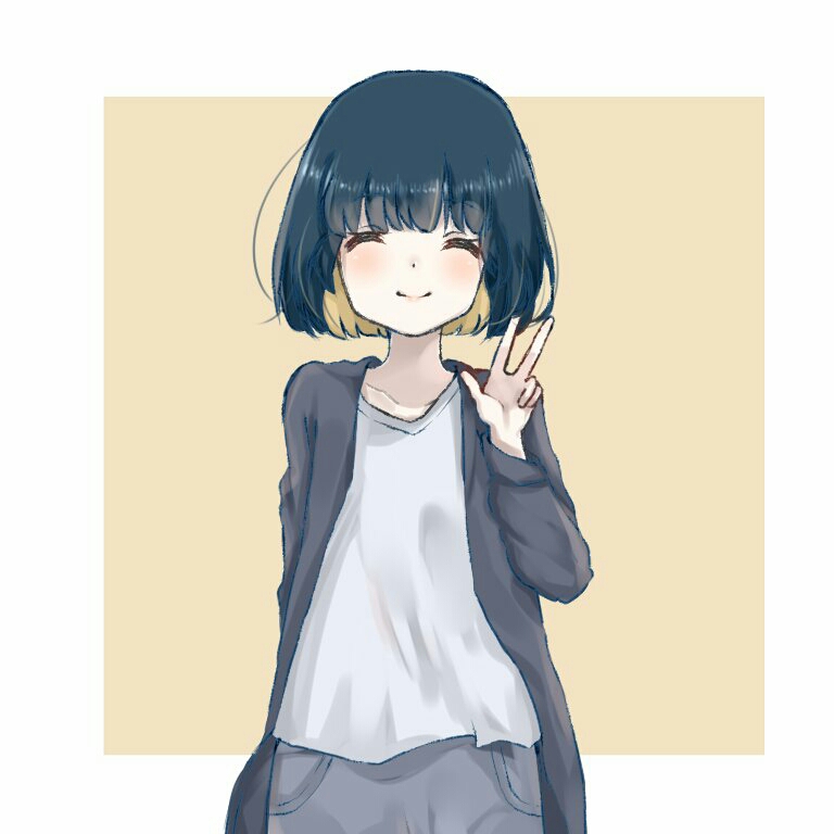 1girl, ^_^, black_hair, black_jacket, blonde_hair, bob_cut, border, closed_eyes, colored_inner_hair, commentary, fingers_up, grey_pants, hand_raised, jacket, jigoku_no_pacchi, closed_mouth, multicolored_hair, open_clothes, open_jacket, original, outside_border, pants, shirt, short_hair, smile, solo, t-shirt, tan_background, upper_body, v, white_border, white_shirt