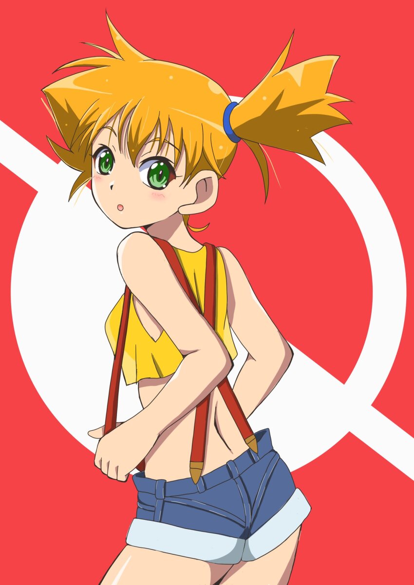 1girl, armpits, ass, asymmetrical_hair, back, belt_loop, blue_shorts, blush