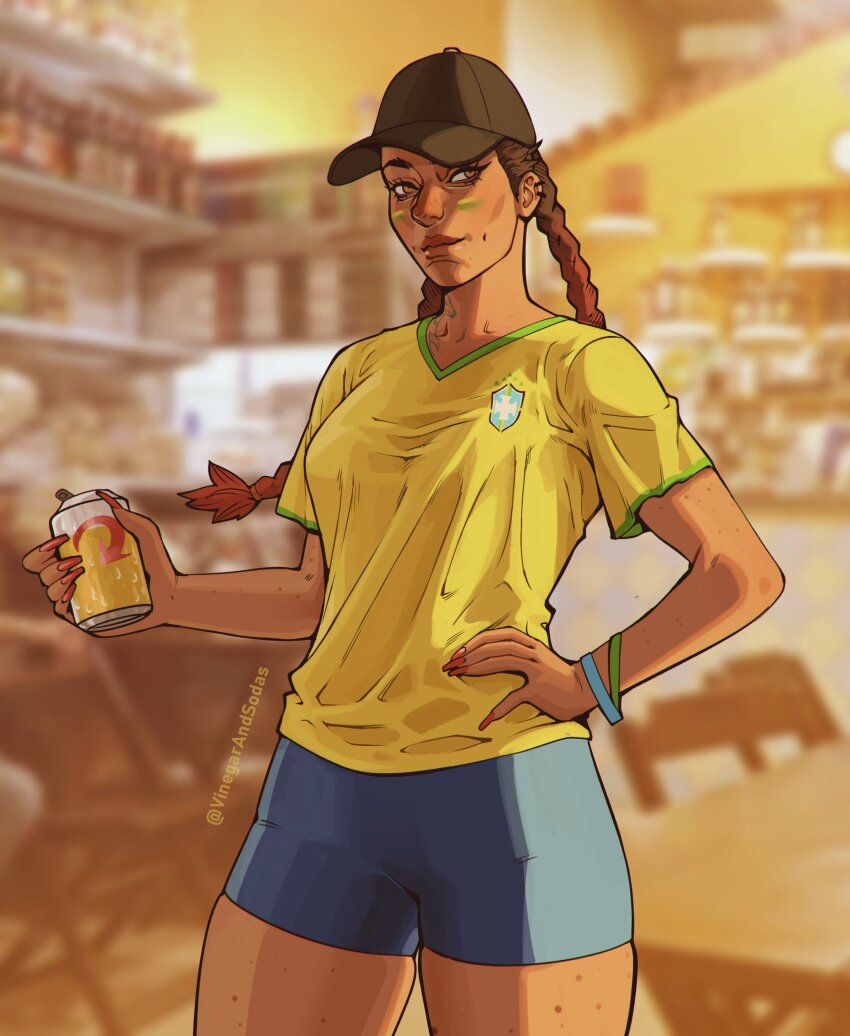 1girl, 2022_fifa_world_cup, absurdres, alternate_costume, apex_legends, baseball_cap, bike_shorts, black_hat, blue_shorts, blurry, blurry_background, bracelet, braid, breasts, brown_eyes, can, commentary, country_connection, dark-skinned_female, dark_skin, english_commentary, gradient_hair, hair_behind_ear, hand_on_own_hip, hat, highres, holding, holding_can, jewelry, loba_(apex_legends), long_hair, looking_to_the_side, medium_breasts, multicolored_hair, nail_polish, photo_background, red_nails, shorts, skindentation, smile, solo, thick_thighs, thighs, twin_braids, twitter_username, vinegar_and_soda, western_comics_(style), world_cup
