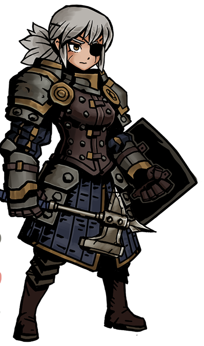 1girl, armor, artist_request, boots, brigandine_(armor), brown_eyes, darkest_dungeon, eyepatch, facial_scar, faulds, female_knight, full_body, gauntlets, genderswap, gorget, grey_hair, hammer, holding, holding_hammer, holding_shield, holding_weapon, knee_boots, knight, man-at-arms_(darkest_dungeon), one_eye_covered, pauldrons, ponytail, puffy_sleeves, scar, scar_across_eye, scar_on_cheek, scar_on_face, shield, shirt, shoulder_armor, solo, standing, striped_clothes, striped_shirt, vambraces, warhammer, weapon, white_background