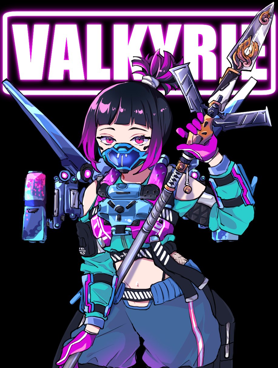 1girl, apex_legends, aqua_jacket, black_background, black_hair, blue_pants, character_name, clothing_cutout