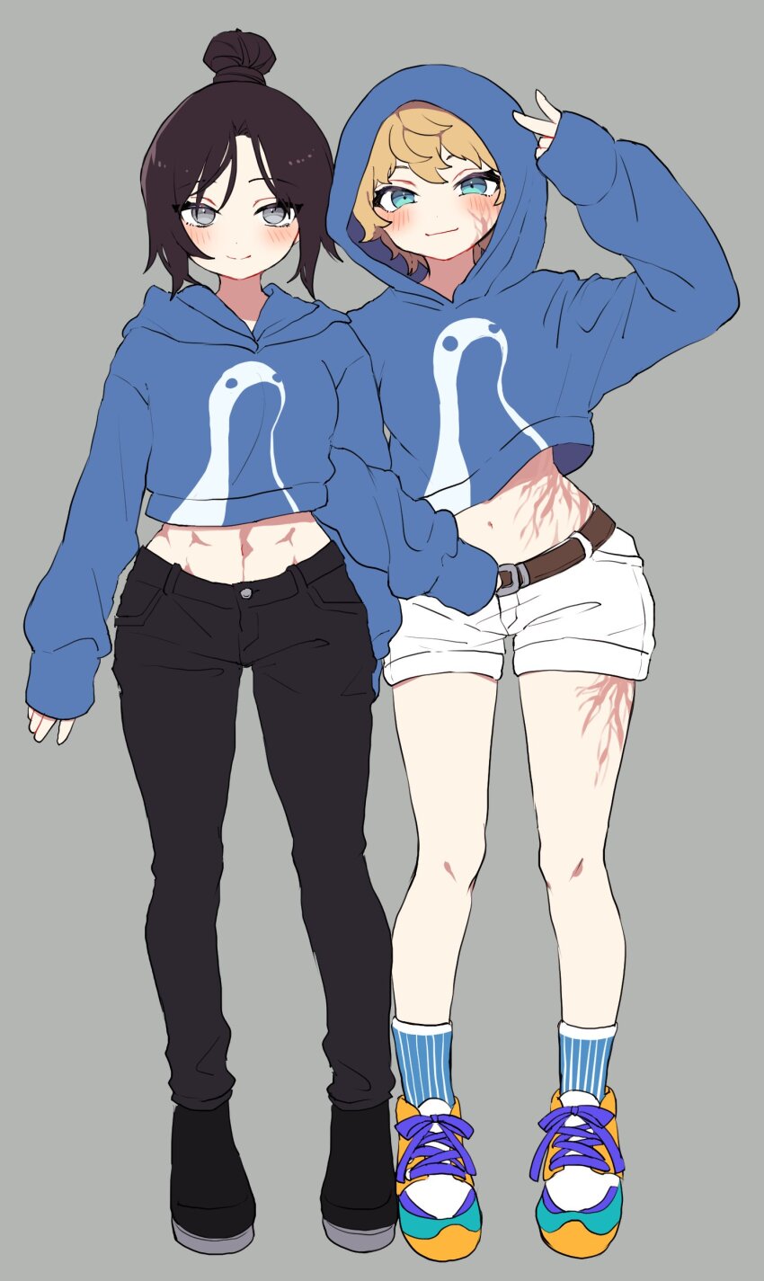 2girls, abs, absurdres, alternate_costume, animification, apex_legends, belt, black_footwear, black_pants, blonde_hair, blue_hoodie, blue_socks, brown_belt, commentary, facial_scar, full_body, grey_background, grey_eyes, hair_bun, highres, hood, hood_down, hood_up, hoodie, leaning_forward, long_sleeves, looking_at_viewer, multiple_girls, navel, nessie_(respawn), pants, parted_bangs, riku_(ururi7610), scar, scar_on_cheek, scar_on_face, scar_on_leg, scar_on_stomach, shoes, short_hair, shorts, single_hair_bun, sleeves_past_wrists, smile, sneakers, socks, v, wattson_(apex_legends), white_shorts, wraith_(apex_legends)