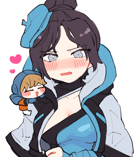 2girls, animification, apex_legends, beret, black_jacket, blonde_hair, blue_bodysuit, blue_headwear