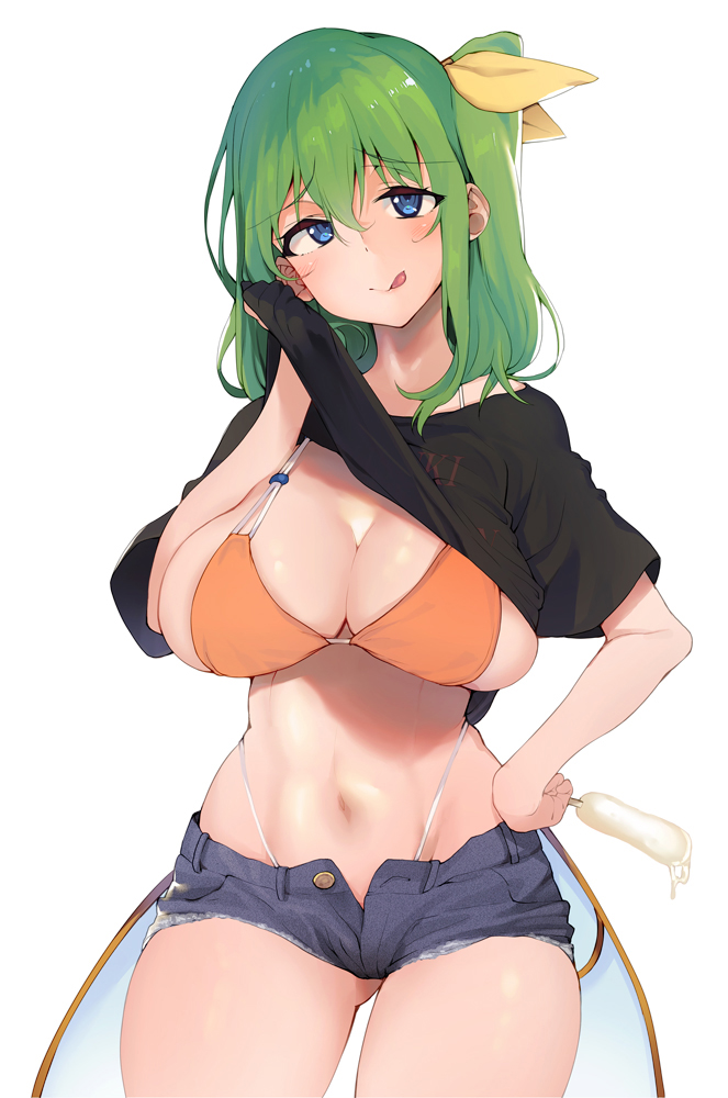 1girl, alternate_costume, ase_(nigesapo), bikini, bikini_under_clothes, blue_eyes, breasts, daiyousei