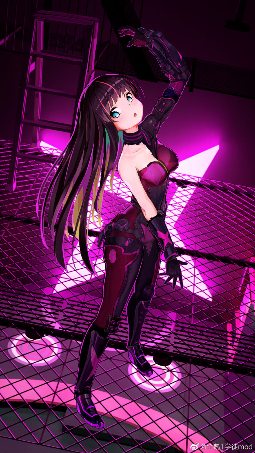 1girl, black_hair, blue_eyes, bodysuit, breasts, collarbone, commentary_request, full_body