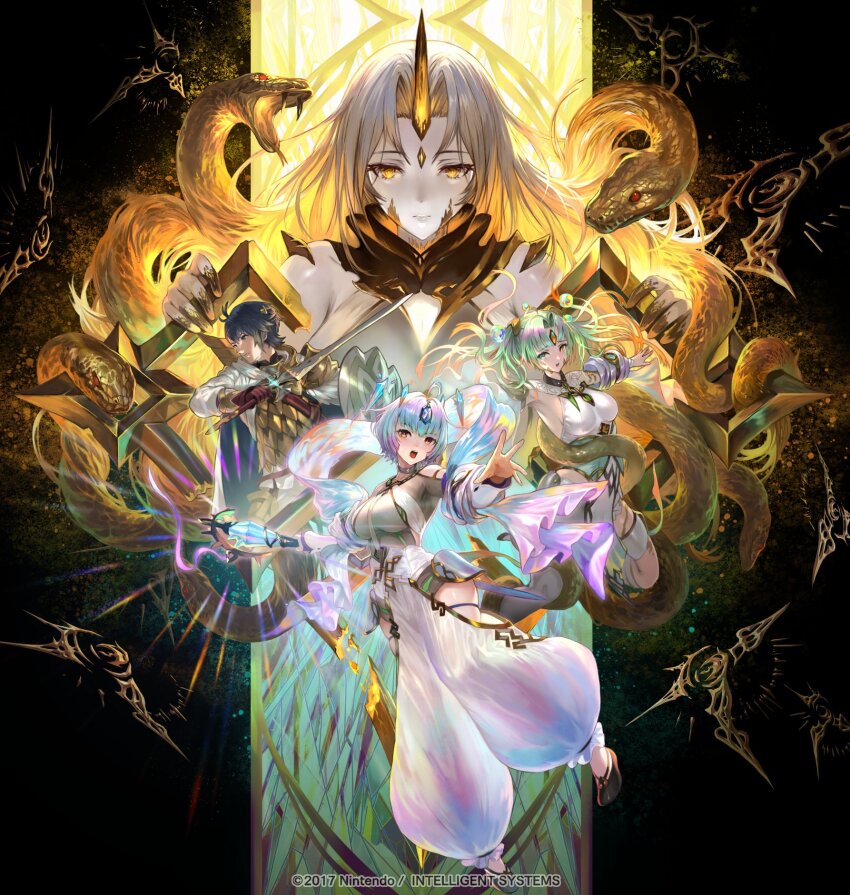 1boy, 3girls, ahoge, alfonse_(fire_emblem), animal, armor, armpits, bare_shoulders