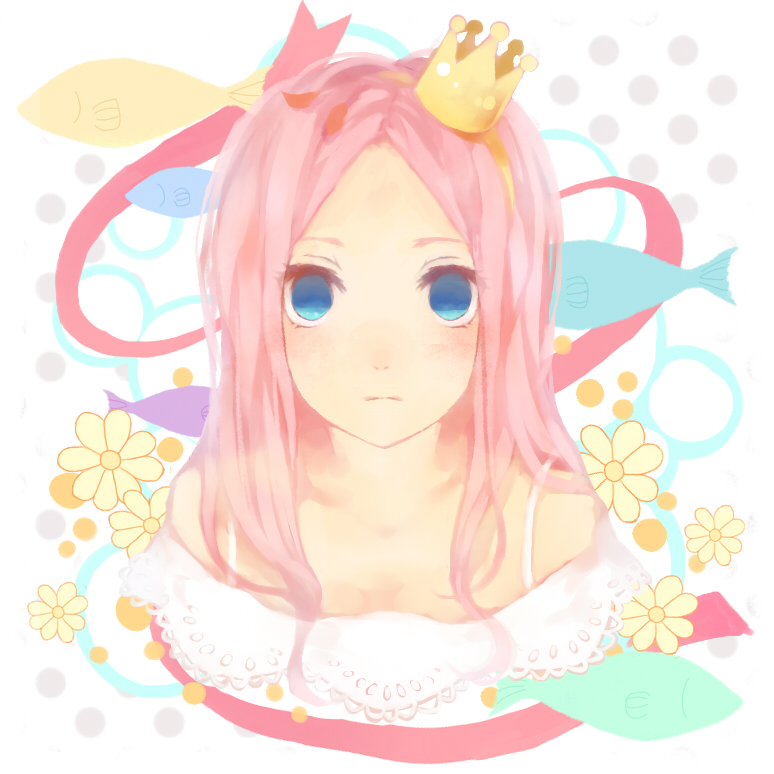 arakawa_under_the_bridge, blue_eyes, crown, empty_eyes, fish, flower, hairband, long_hair, mikanniro, nino_(arakawa), pink_hair, polka_dot, portrait, ribbon, solo, venus_to_jesus