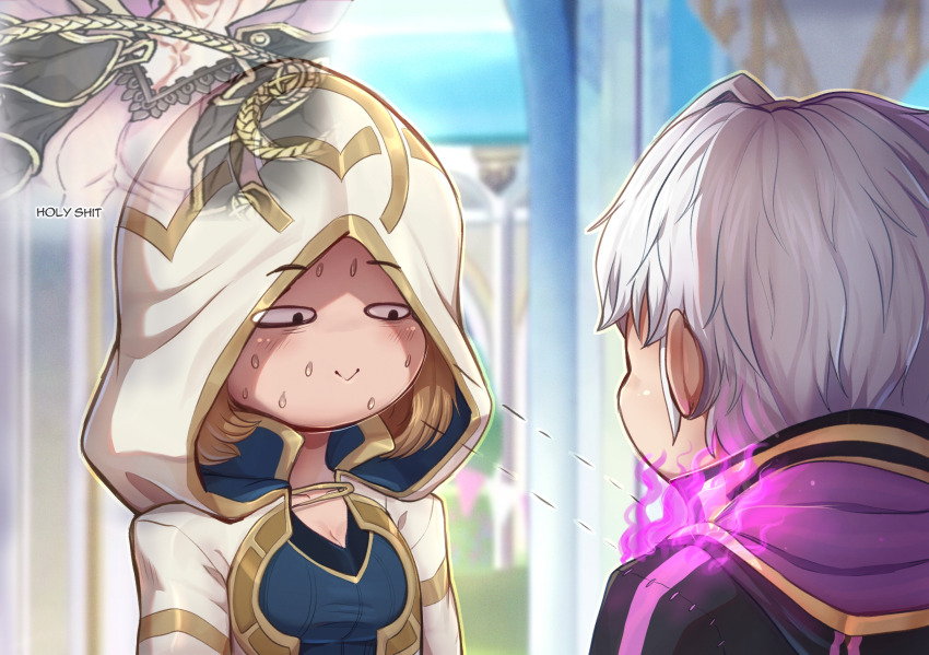 1boy, 1girl, black_robe, brown_hair, chibi, english_text, evomanaphy, fire, fire_emblem, fire_emblem_heroes, from_behind, grima_(fire_emblem), highres, hood, female_kiran_(fire_emblem), kiran_(fire_emblem), looking_at_another, looking_at_chest, male_robin_(fire_emblem), nintendo, pectorals, purple_fire, robe, smile, sweatdrop, white_hair, white_robe