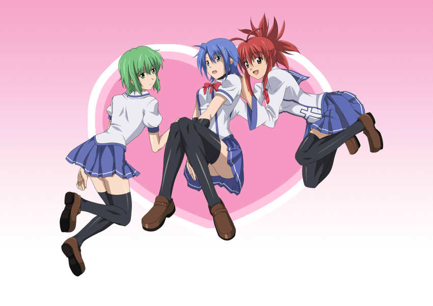 3girls, akao_(phoenix777), akou_(phoenix777), blue_hair, green_hair, hattori_junko, heart, highres