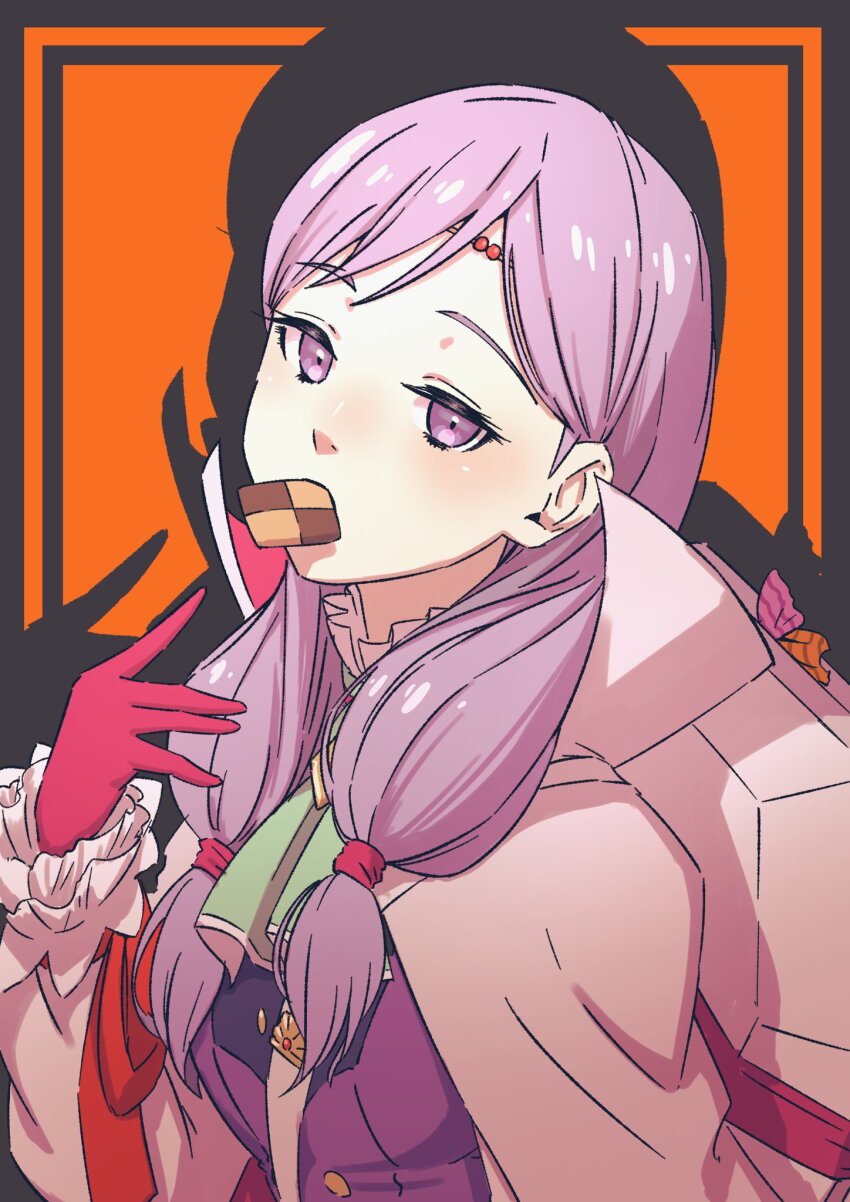 1girl, aduti_momoyama, aqua_ascot, ascot, cape, circlet, cookie, drop_shadow