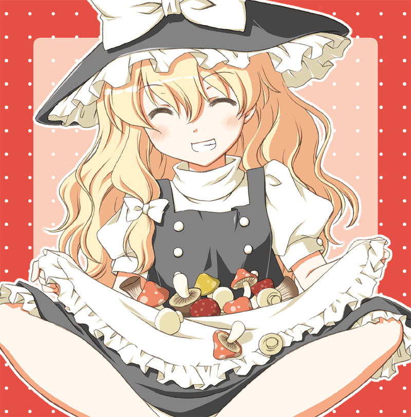 1girl, apron, bad_id, bad_pixiv_id, blonde_hair, blush, bow, closed_eyes