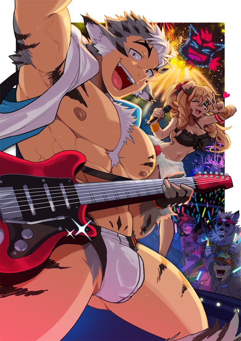 1girl, 5boys, abs, absol_(dkqthf), animal_ears, another_eidos-r, bara, bare_pectorals, bikini, black_hair, blonde_hair, body_fur, bulge, chest_tuft, elaine_(another_eidos), electric_guitar, gaia_(another_eidos), gluteal_fold, grey_hair, guitar, holding, holding_instrument, instrument, large_pectorals, long_hair, lute_(another_eidos), male_swimwear, multicolored_hair, multiple_boys, muscular, muscular_male, nipples, open_mouth, pectorals, short_hair, smile, swim_briefs, swimsuit, two-tone_hair, v, white_male_swimwear