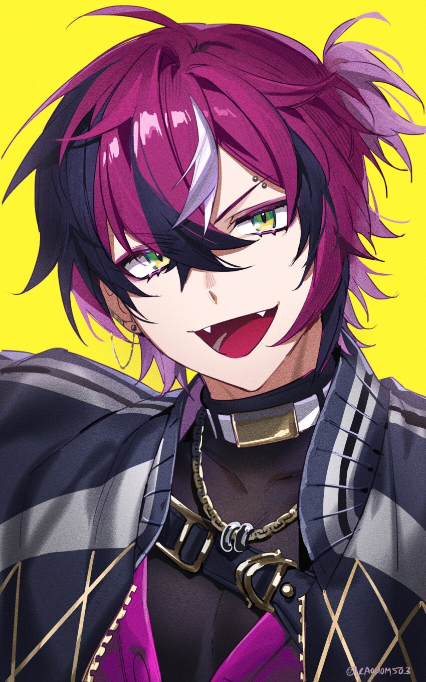 1boy, :d, ahoge, artist_name, black_hair, black_shirt, choker, commentary