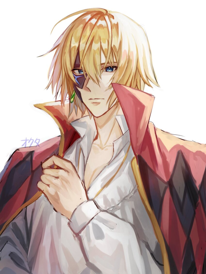 1boy, ahoge, bishounen, blonde_hair, blouse, blue_eyes, borrowed_character, cape, cosplay, dainsleif_(genshin_impact), earrings, genshin_impact, hand_up, highres, howl_no_ugoku_shiro, jewelry, male_focus, mask, necklace, okuta_dayo, red_cape, shirt, short_hair, simple_background, solo, white_background