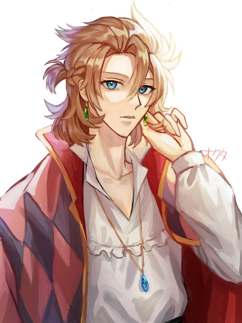 1boy, albedo_(genshin_impact), blonde_hair, blouse, blue_eyes, borrowed_character, braid, cape, cosplay, earrings, genshin_impact, hand_up, highres, howl_no_ugoku_shiro, howl_(howl_no_ugoku_shiro), jewelry, male_focus, necklace, okuta_dayo, red_cape, shirt, short_hair, solo, white_background