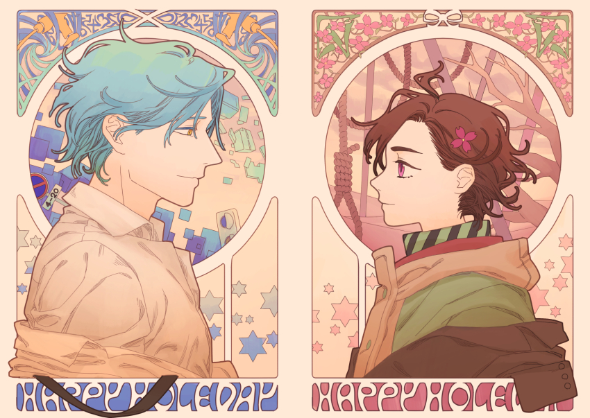 1boy, 1girl, anaido_(id:invaded), blue_eyes, blue_hair, brown_hair, coat, drill, eye_contact, flower, hair_flower, hair_ornament, highres, hijiriido_miyo, id_:_invaded, kinakkon, looking_at_another, noose, pink_eyes, road_sign, shirt, short_hair, sign, smile, star_(symbol), upper_body, white_shirt, yellow_eyes