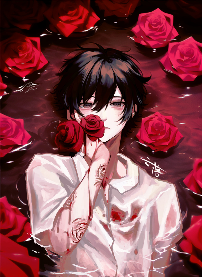 1boy, bai_liu, bishounen, black_hair, blank_stare, collared_shirt, expressionless, flower, highres, i_became_a_god_in_a_horror_game, liquid, long_sleeves, looking_at_viewer, lying, male_focus, original, partially_underwater_shot, procreate_(medium), red_flower, red_rose, rose, shirt, short_hair, solo, yunxiaoluo511