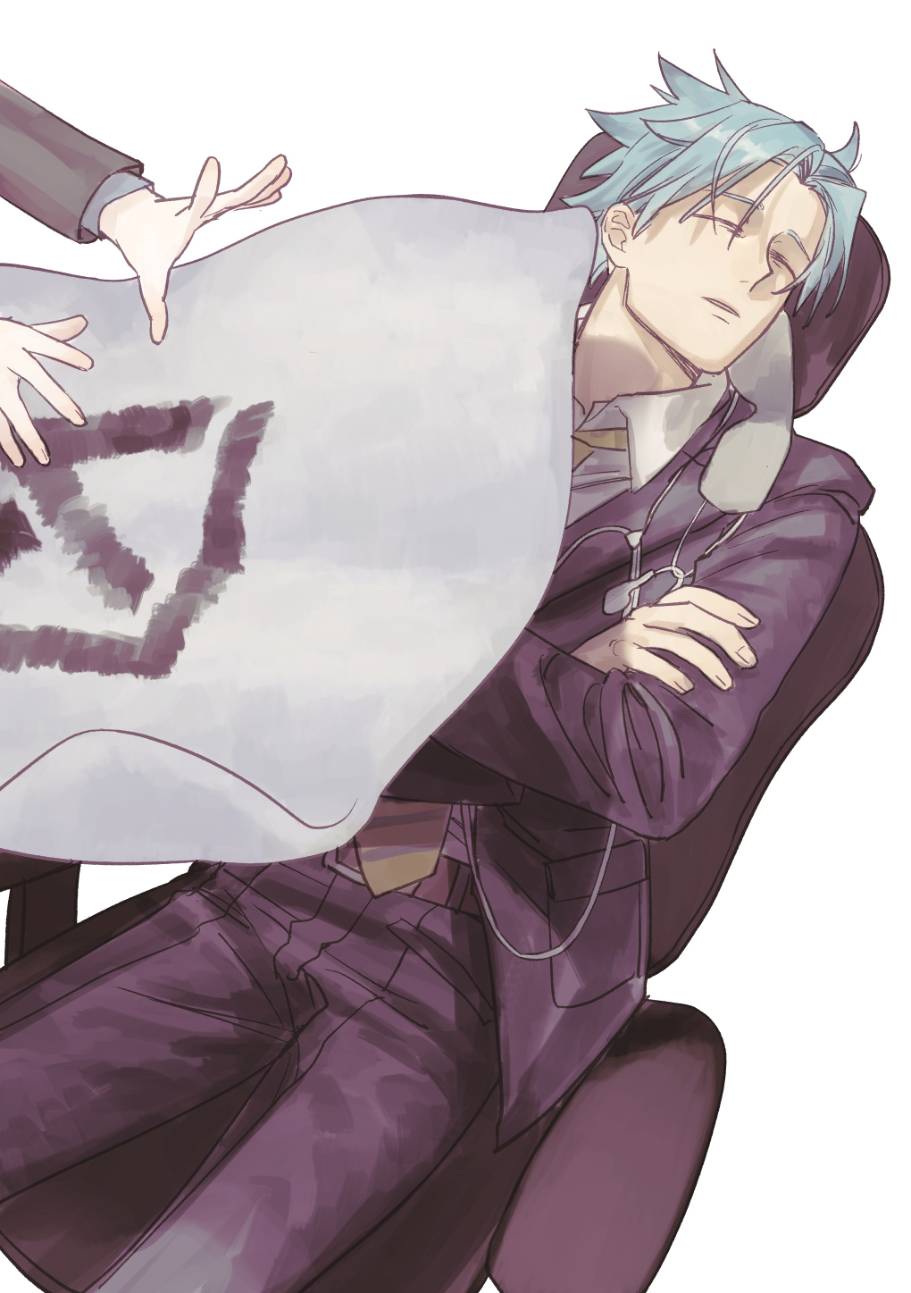 1boy, anaido_(id:invaded), belt, black_pants, black_suit, blanket, blue_hair, closed_eyes