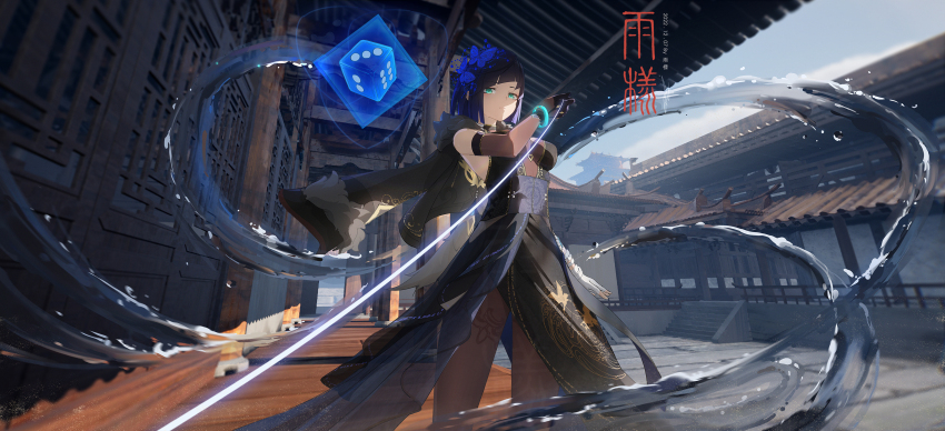 1girl, absurdres, architecture, asymmetrical_gloves, bandaged_arm, bandages, black_coat, black_dress