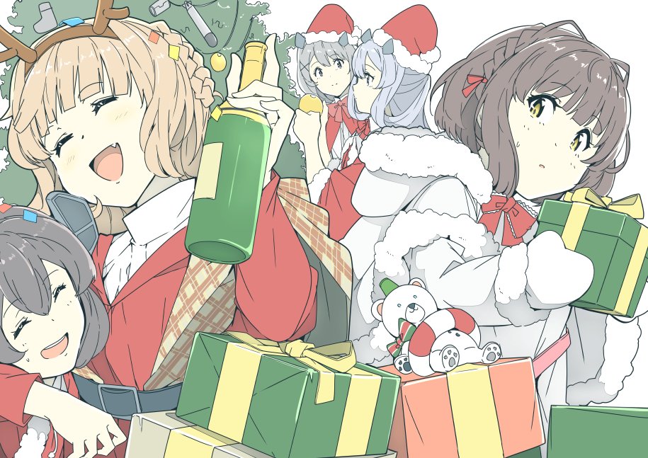 5girls, alternate_costume, antlers, black_hair, braid, brown_eyes, brown_hair, brown_shawl