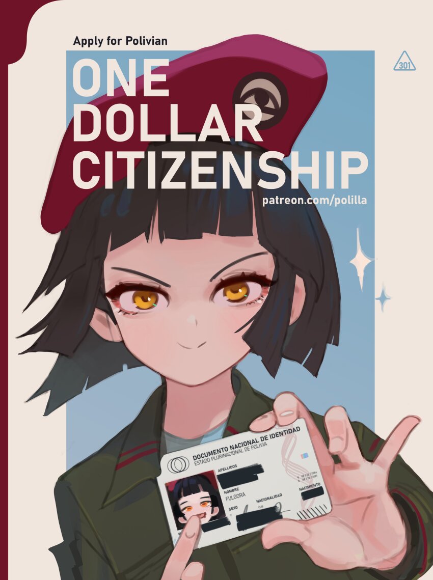 1girl, absurdres, beret, black_hair, character_name, closed_mouth, english_text, fulgora_(polilla)