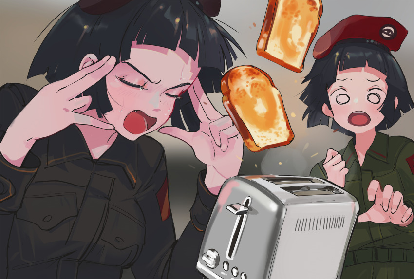 2girls, absurdres, beret, black_hair, black_jacket, bread, bread_slice, closed_mouth