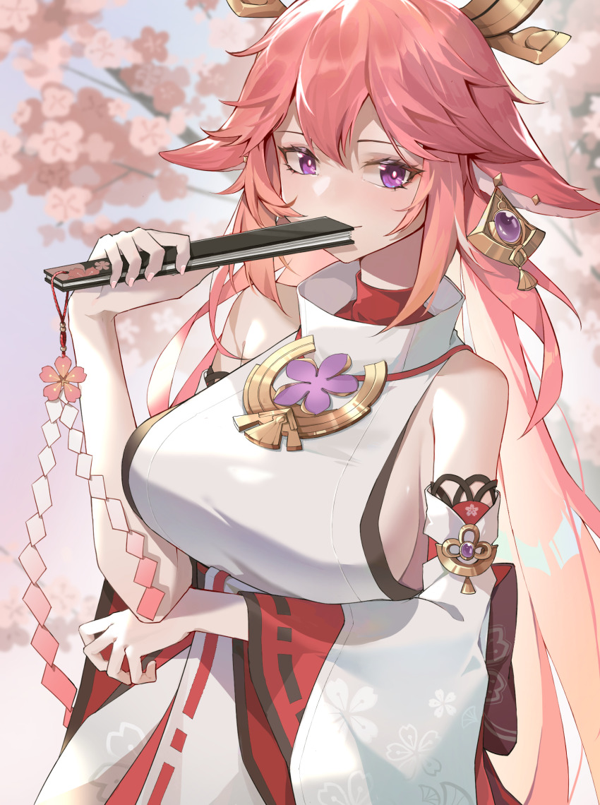 1girl, animal_ears, blurry, breasts, cherry_blossoms, commentary_request, depth_of_field, detached_sleeves