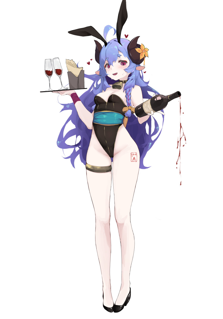 1girl, :d, absurdres, ahoge, alcohol, alternate_costume, animal_ears, bare_shoulders, black_leotard, black_shoes, blush, bottle, braid, breasts, cleavage, detached_collar, fake_animal_ears, flower, groin, hair_between_eyes, highres, holding, holding_bottle, holding_tray, horns, kindred_(league_of_legends), lamb_(league_of_legends), league_of_legends, leotard, long_hair, looking_at_viewer, medium_breasts, mona_kkkk, open_mouth, pantyhose, playboy_bunny, rabbit_ears, shoes, small_breasts, smile, solo, spirit_blossom_(league_of_legends), spirit_blossom_kindred, strapless, strapless_leotard, tray, wine, wrist_cuffs