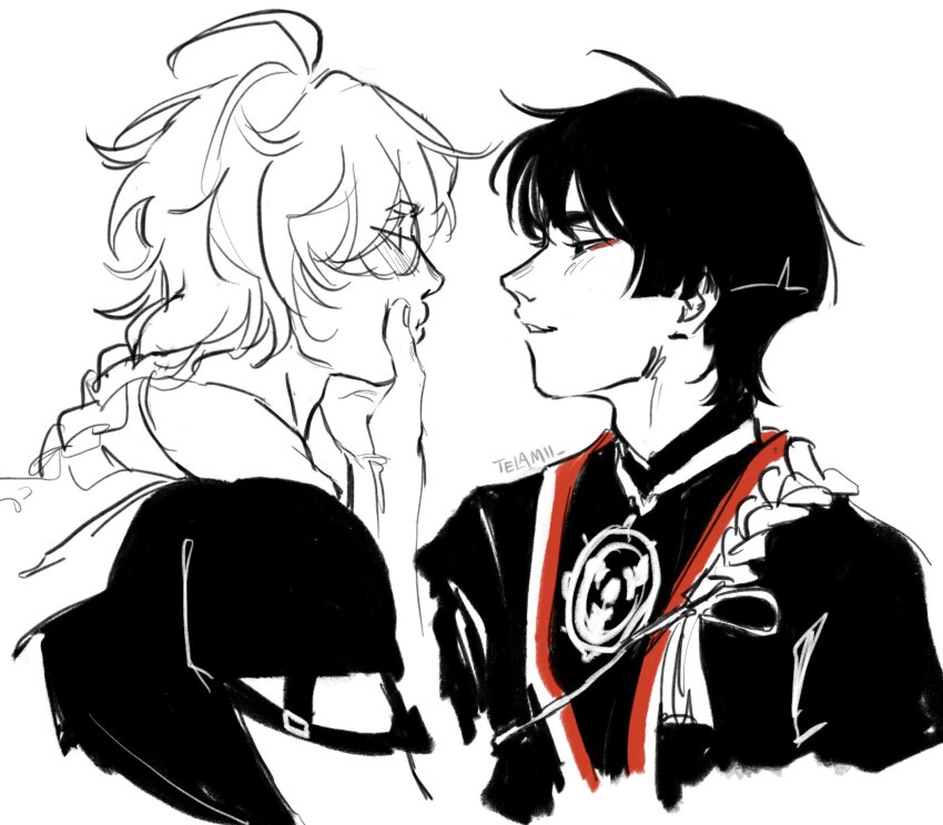 2boys, aether_(genshin_impact), ahoge, artist_name, belt, blunt_ends, blush, braid, closed_mouth, commentary, english_commentary, eyeshadow, fingernails, genshin_impact, hair_between_eyes, half-closed_eyes, hand_on_another's_face, hand_up, highres, jewelry, long_hair, looking_at_viewer, makeup, male_focus, mandarin_collar, mitsudomoe_(shape), monochrome, multiple_boys, necklace, missing_headwear, open_clothes, open_vest, red_eyeshadow, scaramouche_(genshin_impact), scarf, shirt, short_hair, short_sleeves, simple_background, smile, teeth, telamii, tomoe_(symbol), upper_body, v-shaped_eyebrows, vest, white_background, yaoi