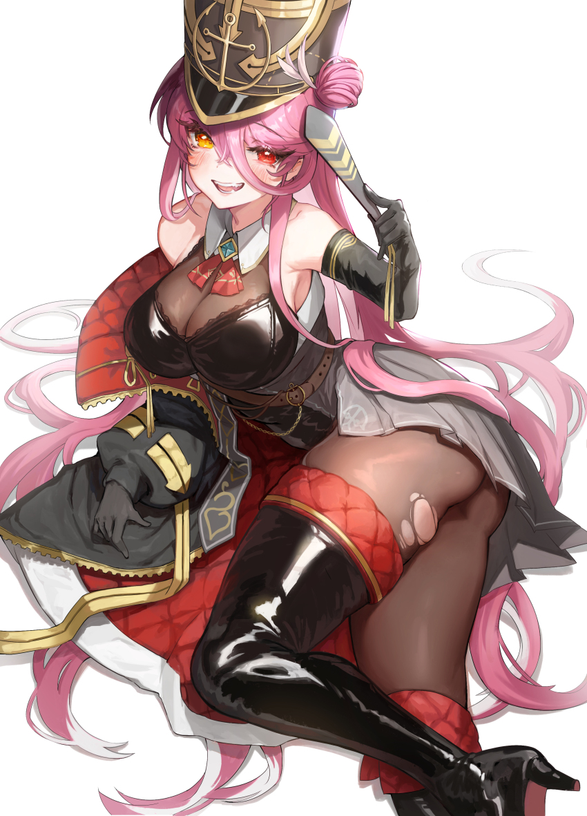 1girl, absurdres, alternate_hair_color, arm_support, ascot, ass, bare_shoulders, black_boots