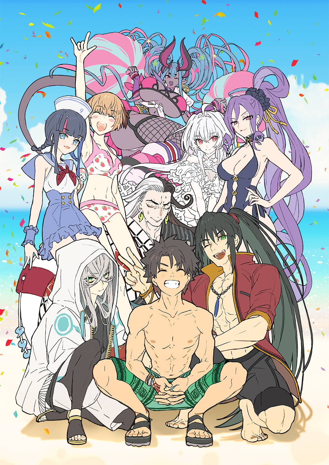 4boys, 5girls, ahoge, armlet, asclepius_(fate), asclepius_(summer_rescue)_(fate), ashiya_douman_(asagao-patterned_yukata)_(fate), ashiya_douman_(fate), bare_shoulders, beach, belt, bikini, black_hair, black_male_swimwear, black_one-piece_swimsuit, black_swim_trunks, blonde_hair, blue_eyes, blue_hair, blue_sailor_collar, blue_skirt, blue_sky, blush, blush_stickers, braid, breasts, brown_hair, buttons, choker, cleavage, closed_eyes, collarbone, collared_shirt, colored_skin, confetti, detached_sleeves, double-breasted, double_bun, earrings, fate/grand_order, fate_(series), fishnet_thighhighs, fishnets, food_print, frilled_bikini, frills, fruit_print, fujimaru_ritsuka_(male), fujimaru_ritsuka_(male)_(brilliant_summer), gareth_(fate), gareth_(swimsuit_saber)_(fate), gareth_(swimsuit_saber)_(second_ascension)_(fate), green_male_swimwear, green_shorts, green_swim_trunks, grey_skin, grin, hair_between_eyes, hair_bun, hair_flaps, hair_ornament, hair_scrunchie, hat, high_ponytail, highleg, highleg_swimsuit, highres, hoop_earrings, horns, ibuki_douji_(fate), ibuki_douji_(swimsuit_berserker)_(fate), ibuki_douji_(swimsuit_berserker)_(second_ascension)_(fate), innertube, jewelry, kneehighs, lady_avalon_(fate), lady_avalon_(second_ascension)_(fate), large_breasts, long_hair, looking_at_viewer, low_twin_braids, male_swimwear, medium_breasts, medium_hair, merlin_(fate/prototype), merlin_(swimsuit_pretender)_(second_ascension)_(fate/prototype), miniskirt, multicolored_hair, multiple_boys, multiple_girls, navel, necktie, one-piece_swimsuit, one_eye_closed, oni, oni_horns, open_mouth, pink_bikini, pink_hair, pink_skirt, pleated_skirt, pointy_ears, pom_pom_(cheerleading), ponytail, purple_eyes, purple_hair, red_eyes, sailor_collar, sailor_hat, scrunchie, shirt, shore, short_hair, short_sleeves, shorts, side_ponytail, sidelocks, skirt, sky, smile, socks, squatting, star_(symbol), star_hair_ornament, strawberry_print, streaked_hair, swim_ring, swim_trunks, swimsuit, tail, thighhighs, tied_shirt, twin_braids, utsumi_erice, utsumi_erice_(swimsuit_avenger)_(second_ascension), very_long_hair, wada_arco, white_bikini, white_hair, white_headwear, white_male_swimwear, white_one-piece_swimsuit, white_shirt, white_swim_trunks, wu_zetian_(fate), wu_zetian_(swimsuit_caster)_(fate), wu_zetian_(swimsuit_caster)_(first_ascension)_(fate), yan_qing_(fate), yan_qing_(training_wear)_(fate)