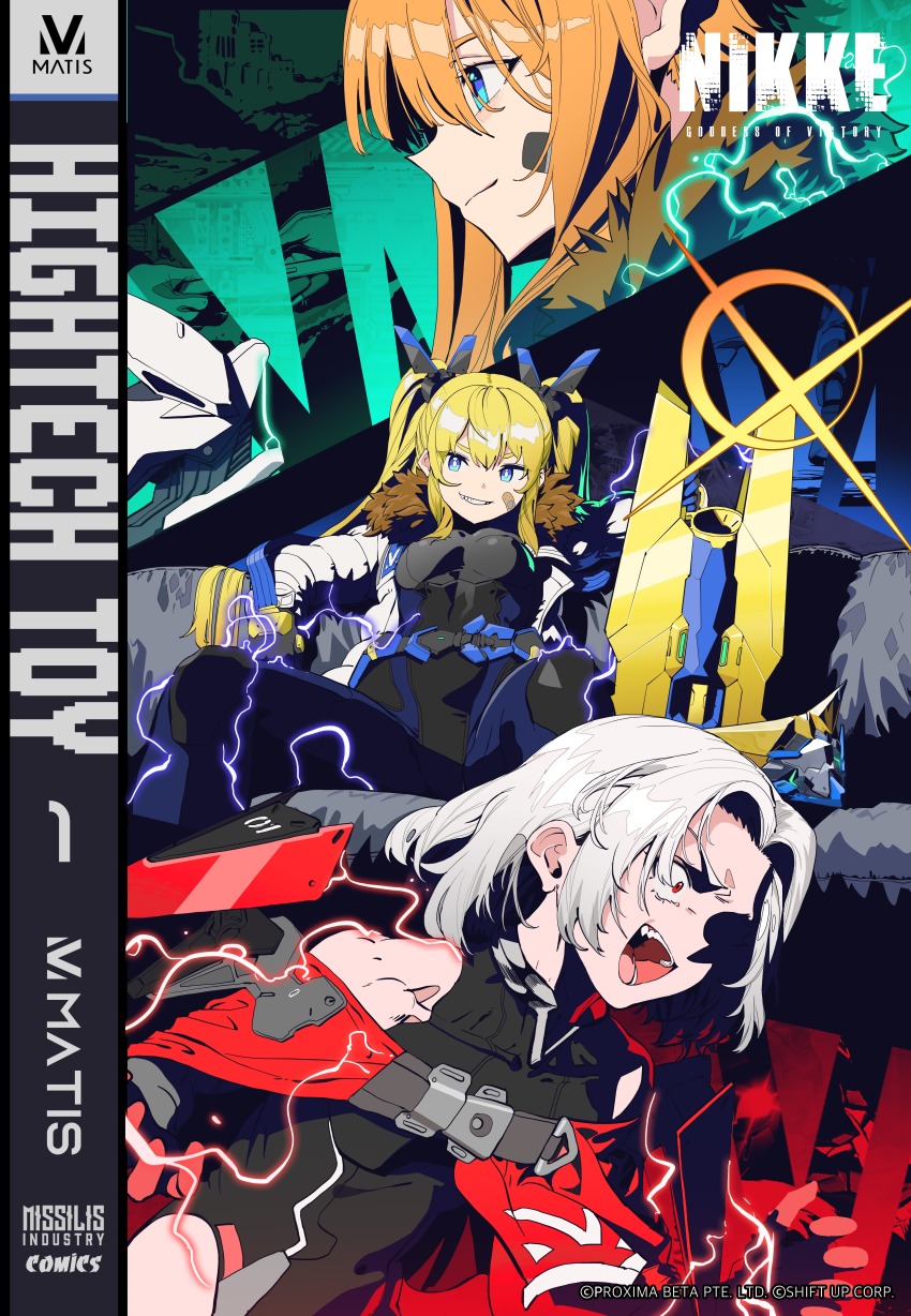 3girls, absurdres, armor, armored_bodysuit, artist_request, bandaid, bandaid_on_face, bare_shoulders