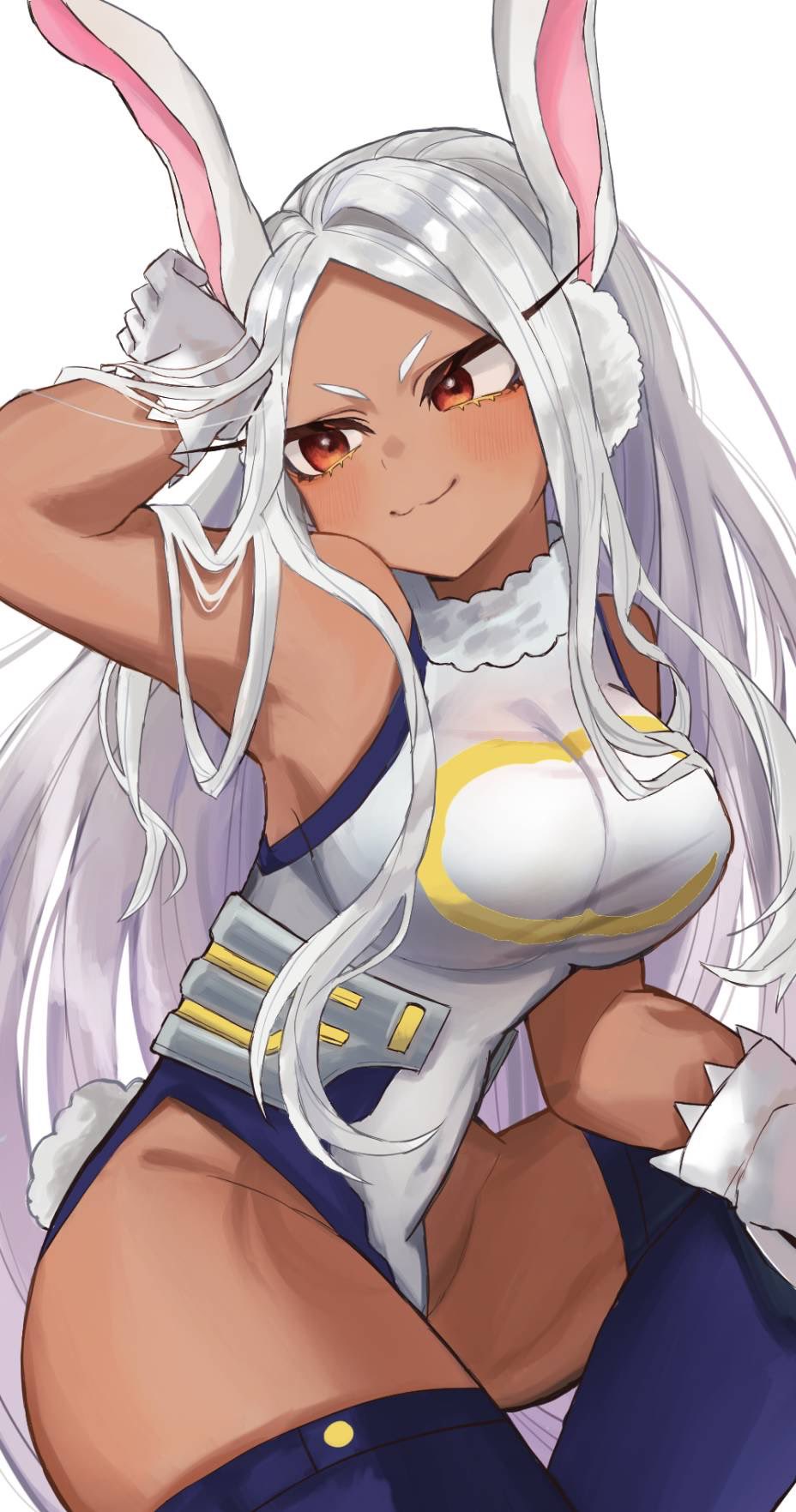 1girl, :3, animal_ears, armpits, bad_id, bad_twitter_id, boku_no_hero_academia, boots, breasts, crescent_print, dark-skinned_female, dark_skin, gloves, hand_on_own_head, highleg, highleg_leotard, highres, large_breasts, leotard, long_eyelashes, long_hair, looking_to_the_side, mince_cutlet_bastard, mirko, purple_boots, rabbit_ears, rabbit_girl, rabbit_tail, red_eyes, simple_background, sleeveless_turtleneck_leotard, solo, superhero_costume, tail, taut_leotard, thick_thighs, thigh_boots, thighs, v-shaped_eyebrows, very_long_hair, white_background, white_gloves, white_hair, white_leotard