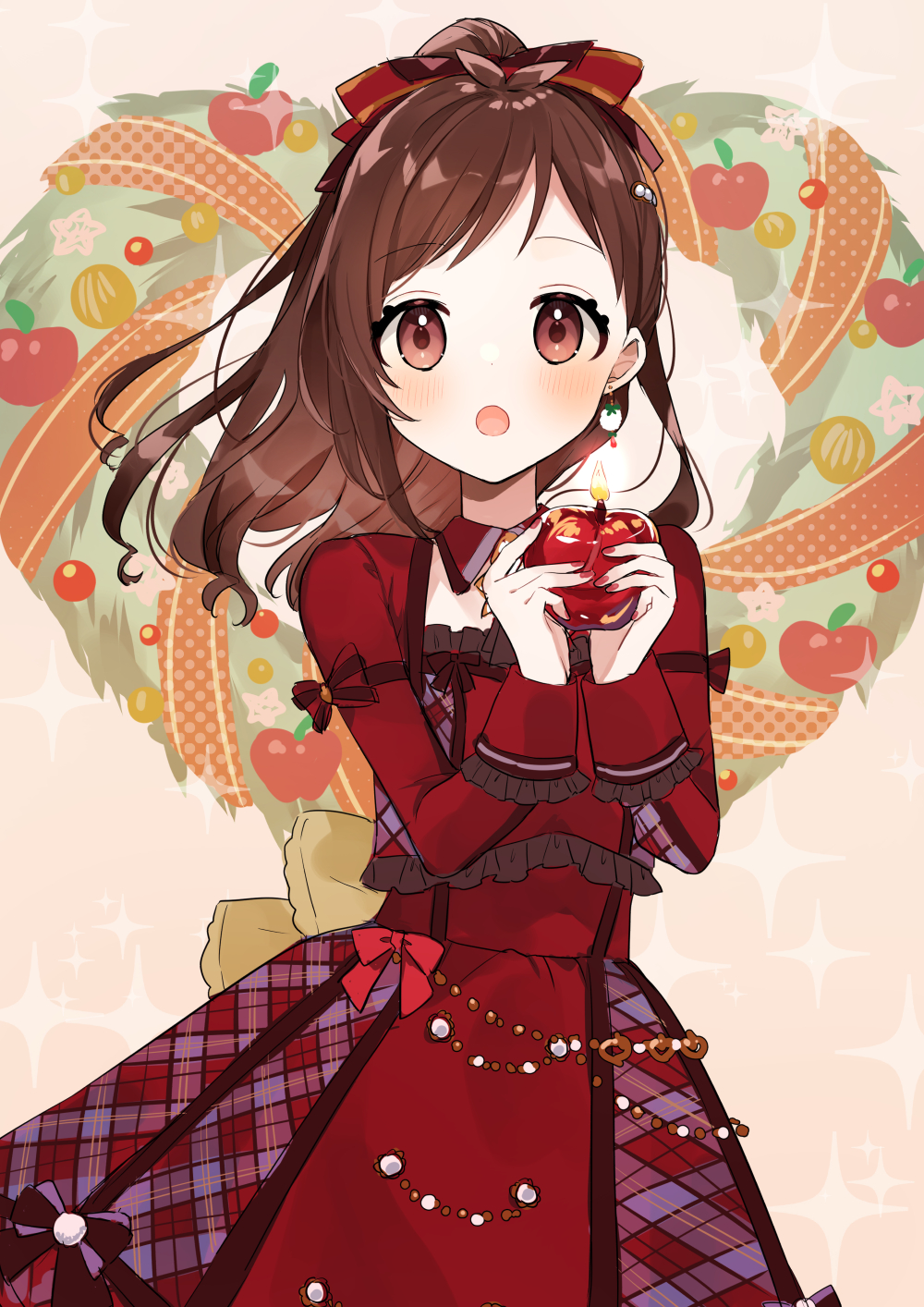 1girl, 6crcg, :o, antenna_hair, apple, blush, bow, brown_hair
