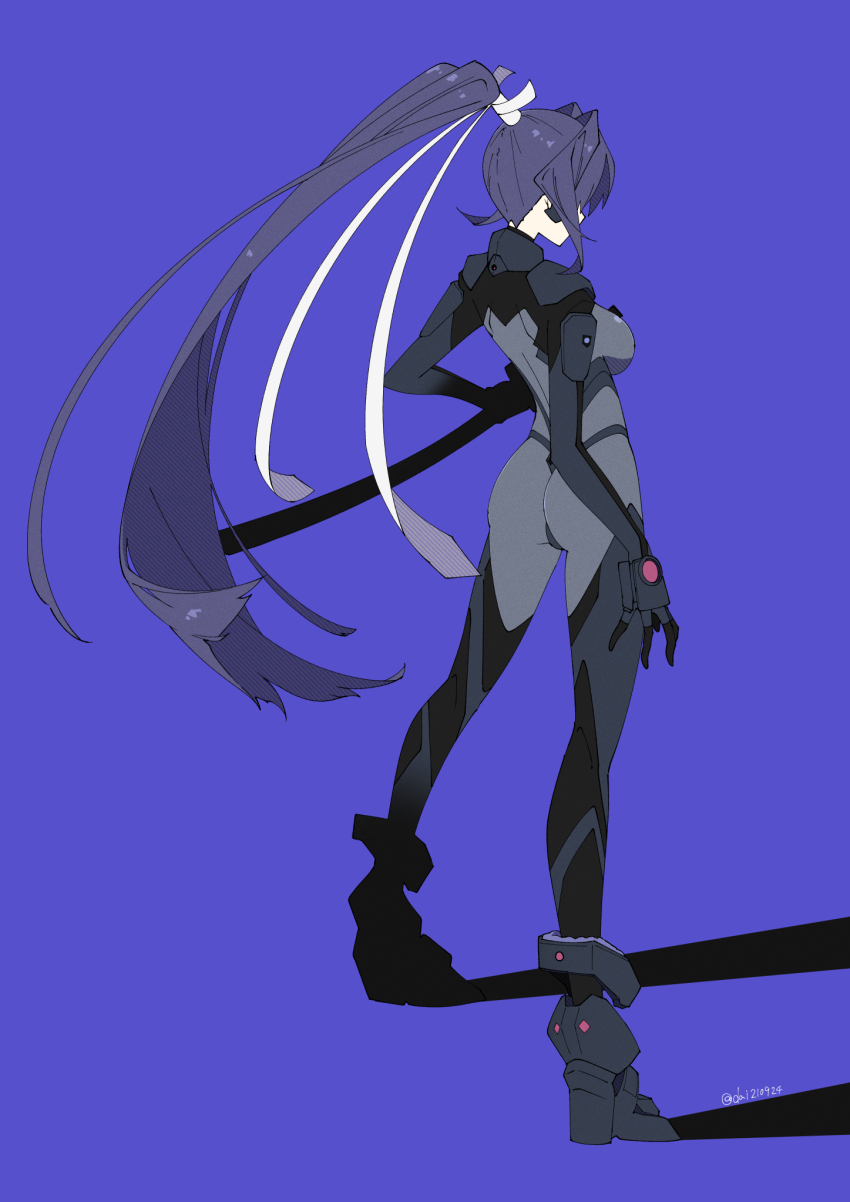 1girl, ass, black_gloves, blue_background, bodysuit, breasts, commentary, fortified_suit