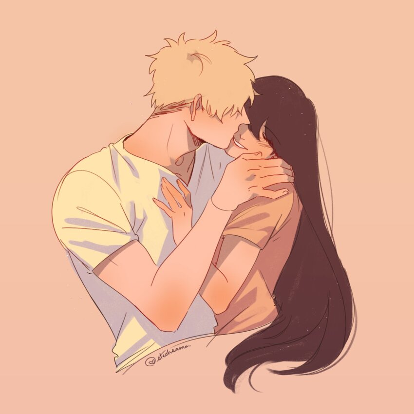 1boy, 1girl, black_hair, blonde_hair, blush, brown_shirt, closed_eyes, couple
