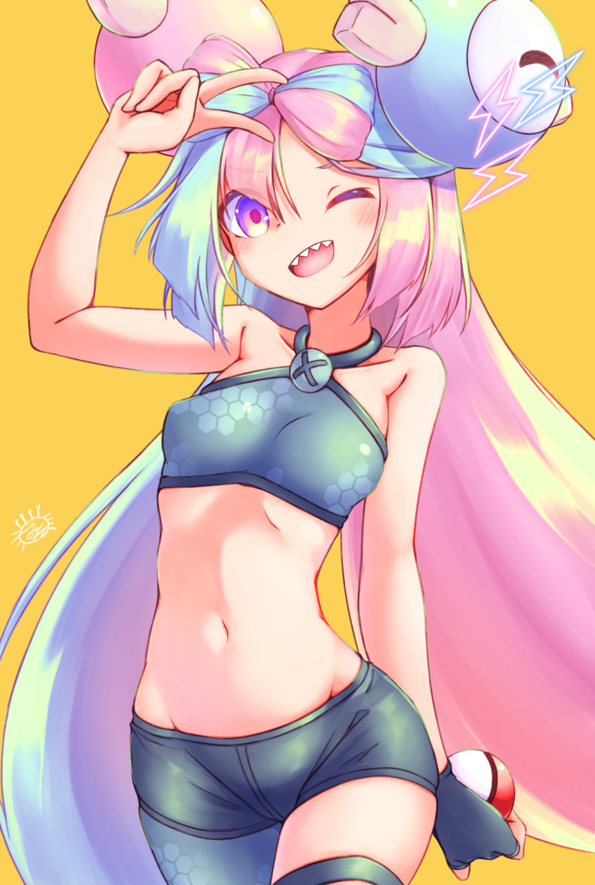 1girl, absurdres, ball, bike_shorts, bow-shaped_hair, breasts, character_hair_ornament, hair_ornament, highres, holding, holding_ball, iono_(pokemon), kanimiso_(juutilainen77), long_hair, low-tied_long_hair, multicolored_hair, navel, nintendo, pink_hair, poke_ball, poke_ball_(basic), pokemon, pokemon_scarlet_and_violet, small_breasts, solo, twintails, two-tone_hair, very_long_hair, x_(symbol)